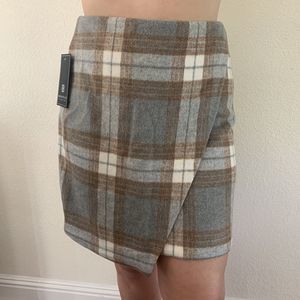 Vintage Inspired Bagatelle Fleece Faux Wrap Skirt Gray Ivory Brown Plaid Size M